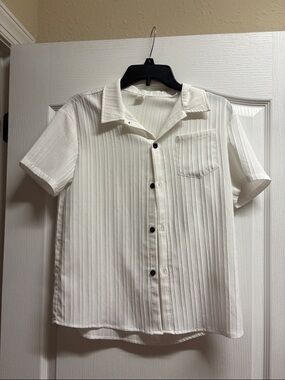 SHEIN Cream Short Sleeve Ribbed Camp Collar Button-Up